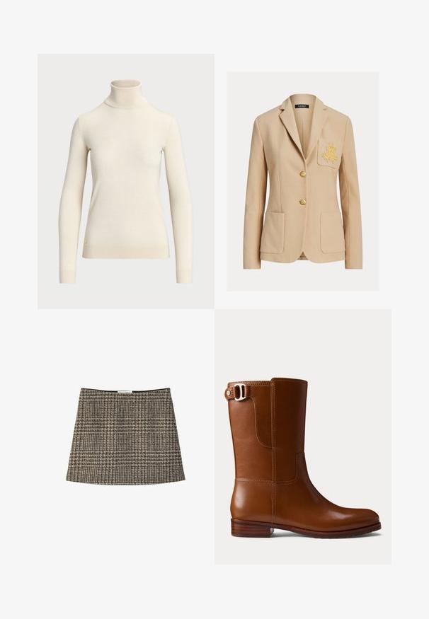 Beiger maßgeschneiderter Blazer mit zwei Fronttaschen, goldener Stickerei auf der linken Brusttasche und zwei goldenen Knöpfen in der Mitte.; Cremfarbener Rollkragenpullover aus weichem Stoff, mit langen Ärmeln und tailliertem Design. Mit kleinem goldenen Logo am Saum.; Braun-graues Karo-Minirock mit geradem Schnitt, sichtbarer Stoffstruktur und ungeschmücktem Taillenbund. Etikett oben sichtbar.; Brauner Leder-Stiefelette mit glatter Oberfläche, abgerundeter Spitze und dekorativer Schnalle an der Seite. Verfügt über einen niedrigen Holzabsatz und minimalistische Nähte.