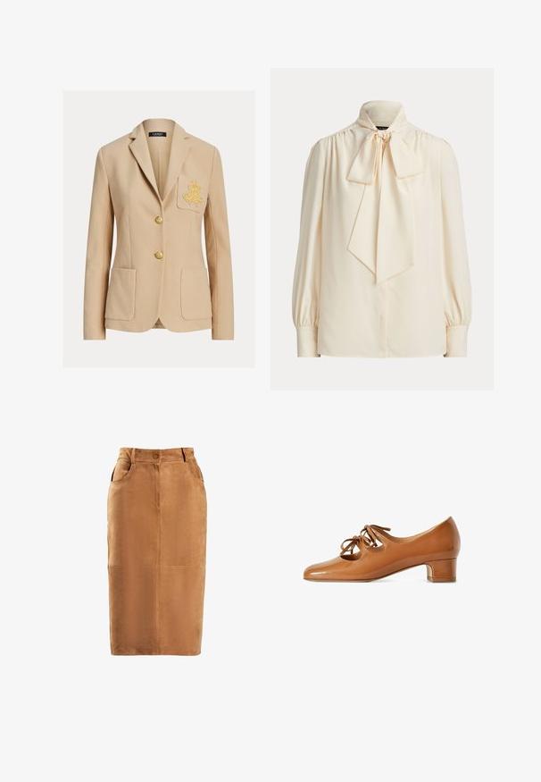 Blazer beige a medida con dos bolsillos delanteros, bordado dorado en el bolsillo del pecho izquierdo y dos botones dorados en el centro.; Blusa cremosa de manga larga con cuello alto y un gran lazo atado en el cuello, con hombros fruncidos y mangas con puños.; Falda lápiz de ante marrón con cintura alta, cierre de botones en el frente, dos bolsillos laterales y detalles de costura vertical. Textura suave.; Zapato marrón de cuero con tacón bajo, dos recortes con lazos en el empeine, punta redondeada y tacón de bloque, mostrado de perfil sobre fondo blanco.