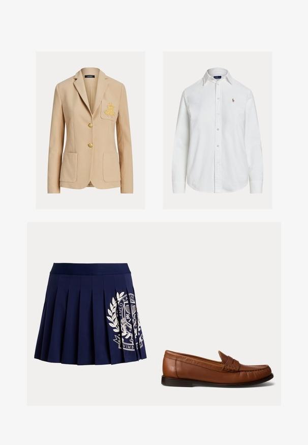 Beiger maßgeschneiderter Blazer mit zwei Fronttaschen, goldener Stickerei auf der linken Brusttasche und zwei goldenen Knöpfen in der Mitte.; Weißes Hemd mit langen Ärmeln, Knopfleiste, Kragen und kleinem besticktem Logo auf der linken Brust, vor einfachem Hintergrund dargestellt.; Marineblauer plissierter Rock mit breitem Bund und weißem Tennis-Wappen-Logo auf der unteren rechten Seite.; Brauner Lederloafer mit niedrigem schwarzem Absatz, Moc-Toe-Naht und einem dekorativen Riemen oben, vor weißem Hintergrund gezeigt.