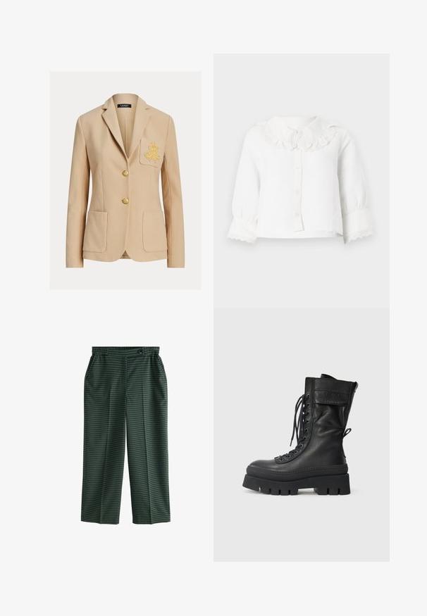 Beige skræddersyet blazer med to forlommer, guldbroderi på venstre brystlomme og to guldknapper ned langs midten.; Hvid babybluse med lange ærmer, bølget blondekrave og manchetter, knapper foran og let opsamlede ærmer.; Grønternet bukser med elastisk talje, der har lige ben og sidelommer. Fremstillet af et struktureret stof med et ternet mønster.; Sort læderkampstøvle med høj skaft, snørebånd foran, teksturerede accenter, tyk sål og syet detaljer. Har en bageste løftestrop.