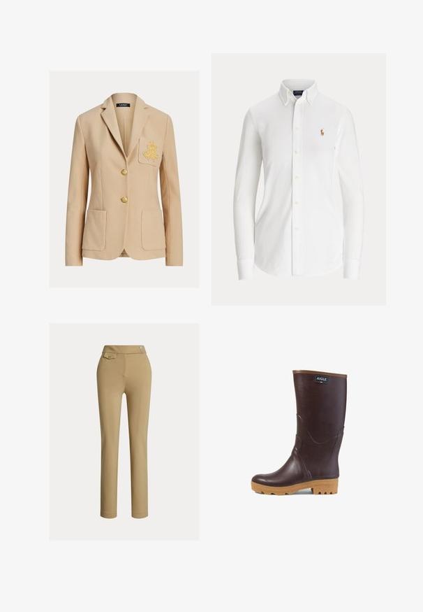 Beige skræddersyet blazer med to forlommer, guldbroderi på venstre brystlomme og to guldknapper ned langs midten.; Hvid skjorte med lange ærmer og knapper, med knaplukket krave og lille broderet polo-spillerlogo på brystet.; Beige skræddersyede bukser med en glat tekstur, høj talje, to dekorative knapper og en enkelt baglomme. Lige ben-design.; Mørkebrun gummistøvle til midt på skinnebenet med lysebrun sål, tekstureret slidbane og "AIGLE" logo-patch nær toppen.
