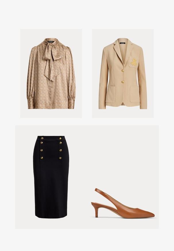 Beiger maßgeschneiderter Blazer mit zwei Fronttaschen, goldener Stickerei auf der linken Brusttasche und zwei goldenen Knöpfen in der Mitte.; Beige Bluse mit hochgeschlossenem Kragen und Schleifenbinde. Sie verfügt über ein geometrisches Muster in Gold und Creme, lange Ärmel mit gerafften Manschetten und eine seidige Textur.; Schwarzer knielanger Bleistiftröck mit vertikalem Frontpanel und zwei Reihen mit jeweils sechs goldenen dekorativen Knöpfen.; Brauner Lederslingback-Schuh mit niedrigem Absatz, spitzer Zehenpartie und schlankem Absatz auf einfachem hellem Hintergrund.