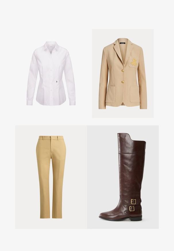 Beige skræddersyet blazer med to forlommer, guldbroderi på venstre brystlomme og to guldknapper ned langs midten.; Hvid langærmet skjorte med knapper, klassisk krave, frontplade, sidesømme og en sort broderet rosedetalje nær kanten.; Beige bukser med lige ben, bæltestropper, foran lynlås og skræddersyede folder på en ensfarvet lys baggrund.; Brune læderknæhøj støvle med en rund tå, der har to guldtonede spænder ved anklen og en glat, poleret overflade.