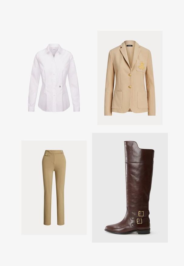 Beige skræddersyet blazer med to forlommer, guldbroderi på venstre brystlomme og to guldknapper ned langs midten.; Hvid langærmet skjorte med knapper, klassisk krave, frontplade, sidesømme og en sort broderet rosedetalje nær kanten.; Beige slim-fit kvindebukser med høj talje, to knapper i siden og en lille lomme med knap nær taljebåndet.; Brune læderknæhøj støvle med en rund tå, der har to guldtonede spænder ved anklen og en glat, poleret overflade.