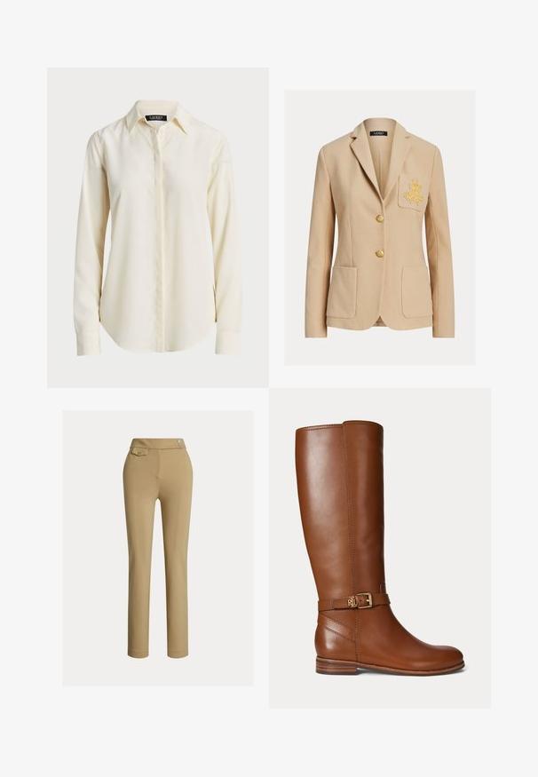Beige op maat gemaakte blazer met twee voorzakken, gouden borduurwerk op de linker borstzak en twee gouden knopen middenvoor.; Lichtcrème langemouwshirt met een puntige kraag, knoopsluiting aan de voorkant en een gladde textuur; heeft een ronde zoom en een slim fit.; Beige op maat gemaakte broek met een zachte textuur, hoge taille, twee decoratieve knopen en een enkele achterzak. Recht gesneden ontwerp.; Bruine leren kniehoge laars met een kleine gouden gesp en het "RL" logo op de band bij de enkel, platte hak en een gladde afwerking.