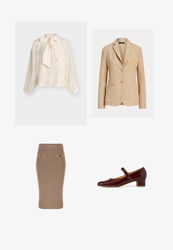 Beige skræddersyet blazer med to forlommer, guldbroderi på venstre brystlomme og to guldknapper ned langs midten.; Langærmet cremefarvet bluse med stor sløjfe om halsen og manchetter med knapper, vist mod en ensfarvet lys baggrund.; Beige ribbet blyantskørt med en tætsiddende silhuet, tekstureret mønster, to forlommer og guldknappedetaljer. Fremstillet af et strækbart materiale.; Mary Jane sko i dyb burgundy patentlæder, med en afrundet tå, en lav blokhæl og en justerbar rem over vristen.
