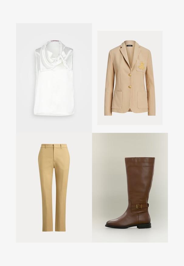 Blazer beige cintré avec deux poches frontales, broderie dorée sur la poche poitrine gauche, et deux boutons dorés au centre.; Anna Field by Zalando Blouse - white; Pantalon beige droit avec passants de ceinture, fermeture éclair à l'avant et plis sur mesure sur un fond clair uni.; Botte haute en cuir marron avec une bride à boucle latérale et une semelle basse noire, photographiée sur un fond neutre.