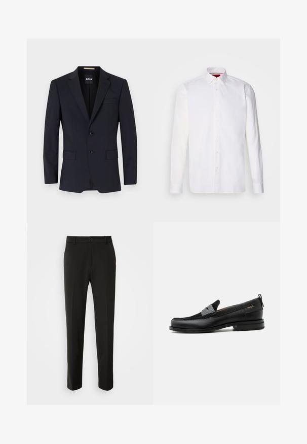 Blazer ajusté marine avec des revers notés, fermeture à deux boutons, poches avant et une poche poitrine unique. Tissu lisse, coupe structurée.; Chemise blanche à manches longues en coton, avec un col classique, une patte de boutonnage à l'avant et une texture lisse. Détail rouge à l'intérieur du col.; Pantalon noir en tissu lisse, avec des jambes droites, une fermeture à bouton et un design classique adapté à un usage formel ou décontracté.; Mocassin en cuir noir avec détail de bride grise, talon bas et semelle texturée, marqué "HUGO" en or sur le côté.