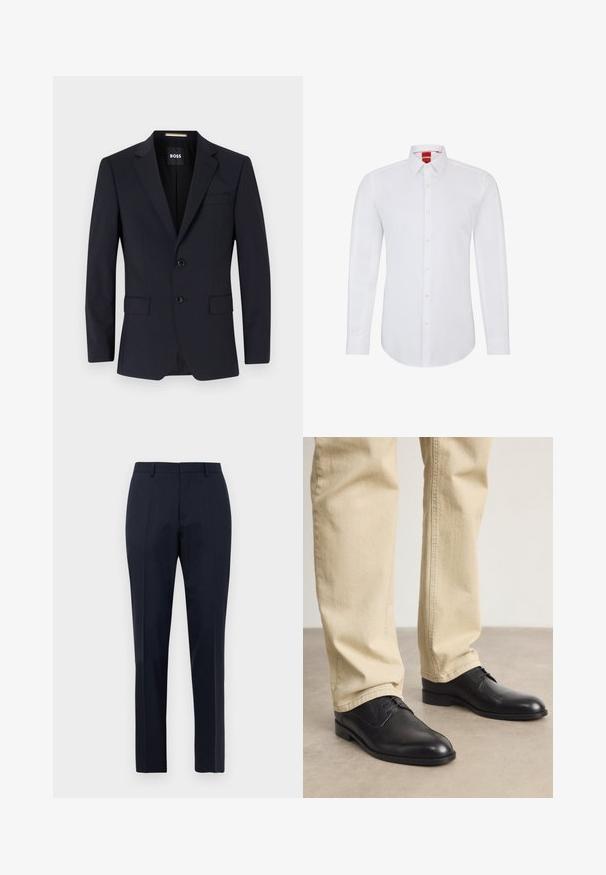 Marineblauwe blazer met opgestikte kraag, twee knopen, voorzakken en een enkele borstzak. Gladde stof, gestructureerde pasvorm.; Witte langemouwen blouse met een geknoopt kraagje, voorzien van een knoopsluiting aan de voorkant en zachte, gladde stof. Geen patronen of accenten zichtbaar.; Marineblauwe op maat gemaakte heren pantalon met subtiel ruitpatroon, riemlussen en voorplooien, frontaal weergegeven op een witte achtergrond.; Zwarte leren veterschoenen met een ronde neus, een gladde afwerking en subtiele stikdetails, gedragen met lichtbeige broeken.