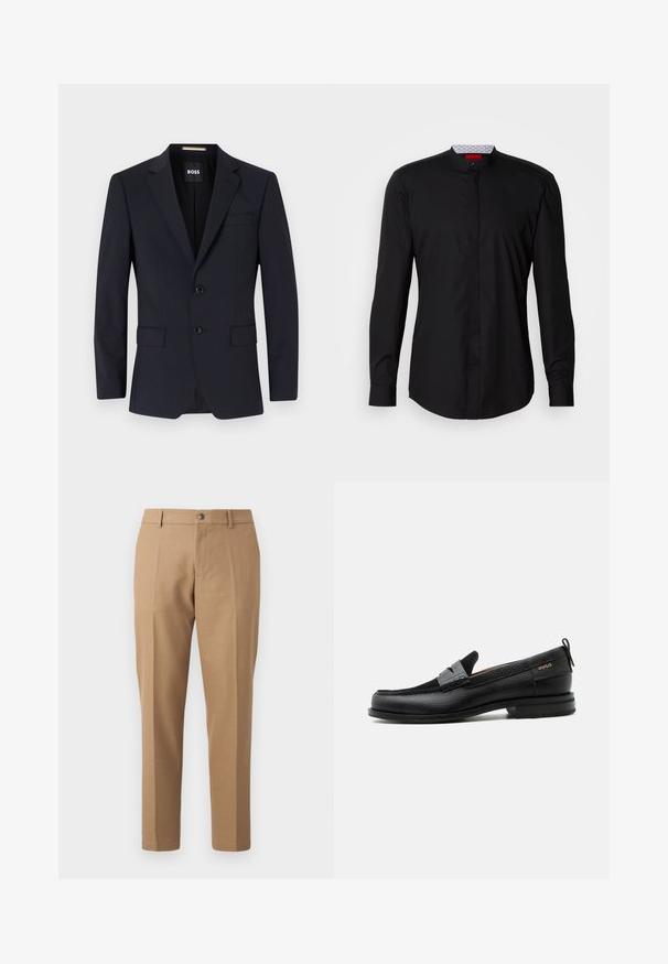 Blazer ajusté marine avec des revers notés, fermeture à deux boutons, poches avant et une poche poitrine unique. Tissu lisse, coupe structurée.; Chemise noire à manches longues avec col mandarin, confectionnée dans un tissu lisse, dotée d'une patte de boutonnage à l'avant et de détails de design subtils.; Pantalons taillés beige avec une coupe droite, présentant un pli avant unique, une fermeture à bouton et des détails de couture subtils.; Mocassin en cuir noir avec détail de bride grise, talon bas et semelle texturée, marqué "HUGO" en or sur le côté.
