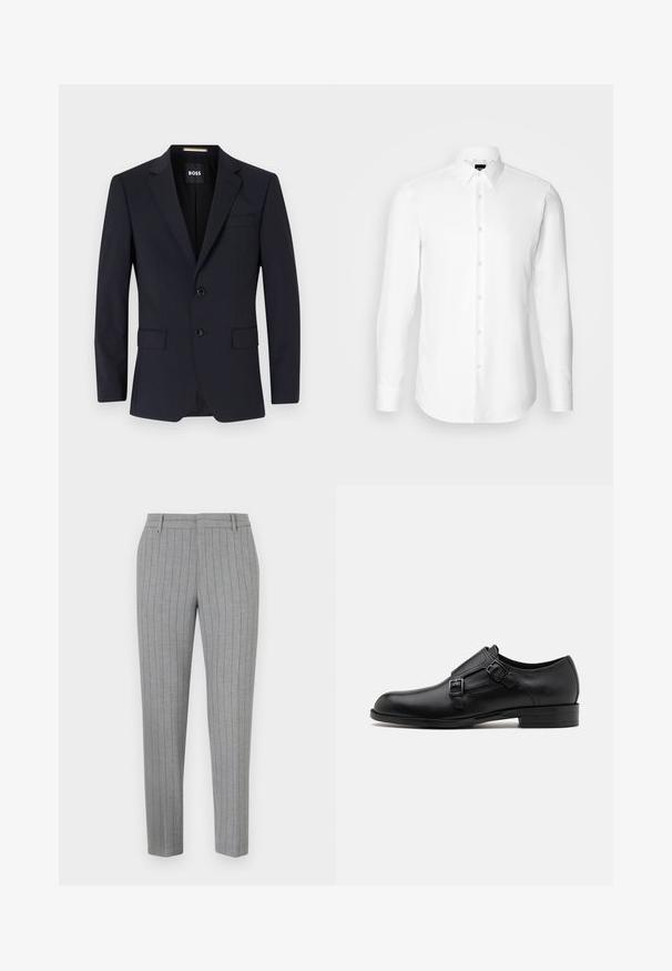 Marineblauer taillierter Blazer mit Reverskragen, Zwei-Knopf-Verschluss, Vordertaschen und einer Brusttasche. Glattes Material, strukturierte Passform.; Weißes Langarmhemd, vorne mit Knöpfen, klassischer Kragen, aus glattem Stoff mit feiner Textur, für eine figurnahe Passform entworfen.; Graue Nadelstreifenhose mit tailliertem Schnitt, flacher Front und Seitentaschen. Hergestellt aus einem glatten Stoff mit einem dezenten Glanz.; Schwarze Leder- Schnürschuhe mit doppelten Schnallen, schlanker Silhouette und runder Zehenpartie. Sie verfügen über einen niedrigen Absatz und eine glatte Textur.