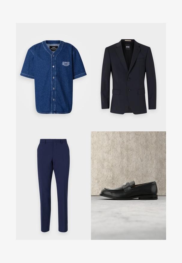 Marineblå skræddersyet blazer med klippede slag, to-knap lukning, forlommer og en enkelt brystlomme. Glat stof, struktureret pasform.; Kortærmet, button-up skjorte lavet af mørkeblå denim med klassisk krave og hvidt broderet logo på venstre bryst.; Marineblå skræddersyede bukser lavet af glat stof, med en slim fit, flad front og en standard talje med bæltesløjfer.; Sort læderloafer med metalbrandskilt hvilende nær et brunt rundt bord på beige tæppe.