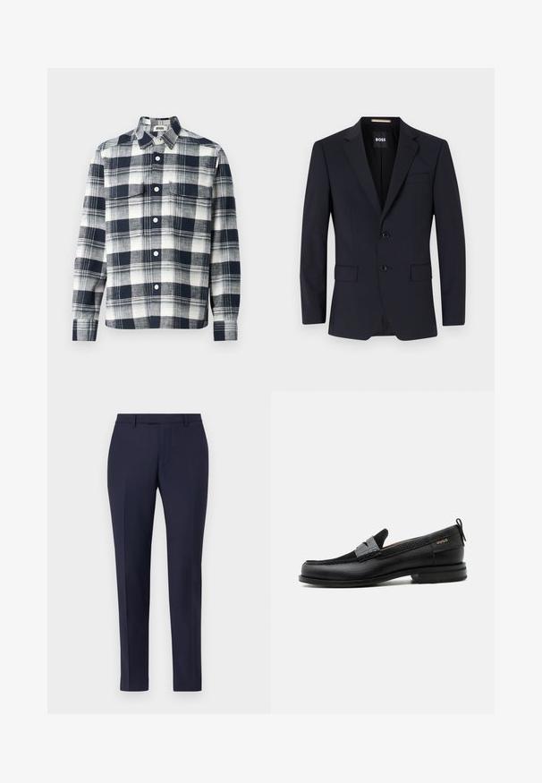 Blazer ajusté marine avec des revers notés, fermeture à deux boutons, poches avant et une poche poitrine unique. Tissu lisse, coupe structurée.; Chemise à carreaux en tissu bleu marine et blanc. Elle possède un col boutonné, une poche avant et des manches longuettes.; Pantalons sur mesure bleu marine au design épuré, à l'avant plat, aux jambes étroites et sans matériel ou motifs visibles. Tissu au texture lisse.; Mocassin en cuir noir avec détail de bride grise, talon bas et semelle texturée, marqué "HUGO" en or sur le côté.