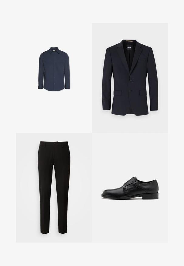 Marineblauer taillierter Blazer mit Reverskragen, Zwei-Knopf-Verschluss, Vordertaschen und einer Brusttasche. Glattes Material, strukturierte Passform.; Marineblaues Hemd mit langen Ärmeln, Knöpfen, Kragen und Manschetten, mit einem Calvin Klein Etikett im Kragen.; Schwarze Hose mit geradem Beinschnitt, ausgestattet mit einem Knopfverschluss, Gürtelschlaufen und glattem Stoff. Keine sichtbaren Muster oder Akzente.; Schwarze Leder- Schnürschuhe mit doppelten Schnallen, schlanker Silhouette und runder Zehenpartie. Sie verfügen über einen niedrigen Absatz und eine glatte Textur.