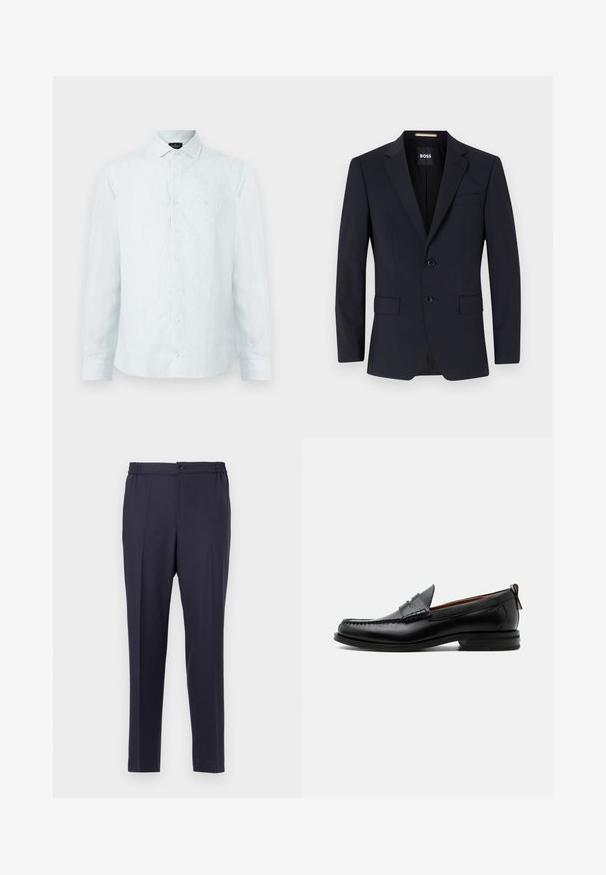 Blazer ajusté marine avec des revers notés, fermeture à deux boutons, poches avant et une poche poitrine unique. Tissu lisse, coupe structurée.; Chemise à boutons pour homme en bleu clair avec des rayures verticales blanches, col classique, manches longues et logo subtil sur la poitrine.; Pantalon bleu marine à devant plat, taille élastique et fermeture à bouton. Coupe droite et texture lisse, adapté pour une tenue formelle ou décontractée.; Mocassin homme en cuir noir avec couture moc toe, bride penny, col texturé et petit talon empilé sur fond blanc.