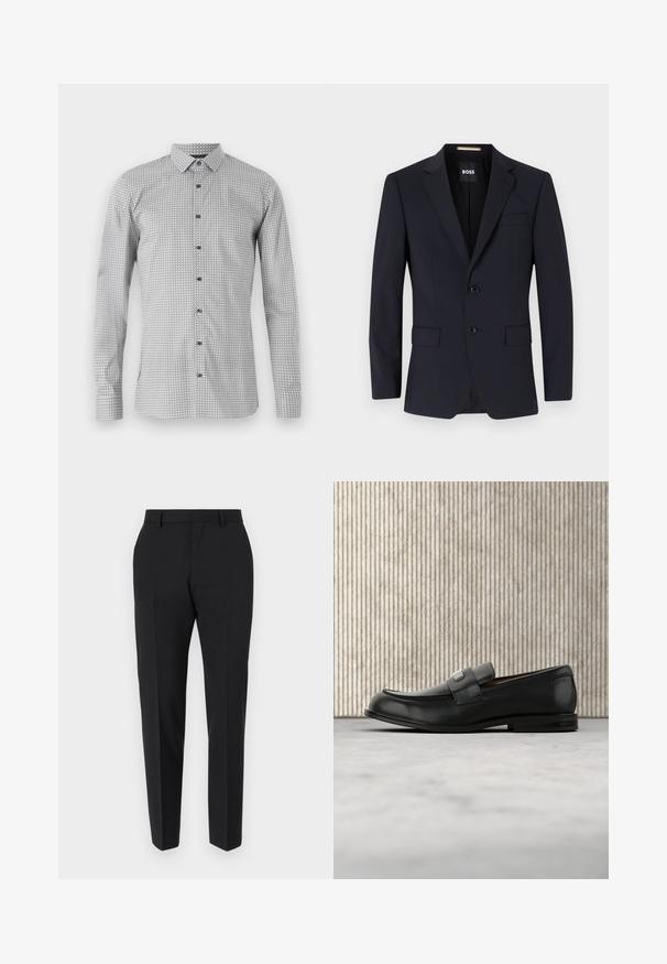Marineblauer taillierter Blazer mit Reverskragen, Zwei-Knopf-Verschluss, Vordertaschen und einer Brusttasche. Glattes Material, strukturierte Passform.; Langarmshirt in Weiß und Schwarz mit geometrischem Muster, durchgehende Knopfleiste und klassischem Kragen. Leichter Stoff mit glatter Textur.; Schwarze Hose mit maßgeschneidertem Design, flacher Vorderseite, Faltendetails und schlanker Passform. Aus einem glatten Stoff für einen eleganten Look.; Schwarzer Lederloafer mit einer Metallmarkenplatte, der nahe einem braunen runden Tisch auf beigem Teppichboden ruht.