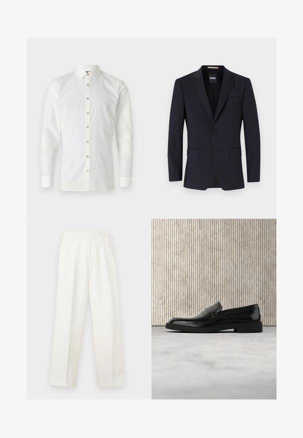 Blazer ajusté marine avec des revers notés, fermeture à deux boutons, poches avant et une poche poitrine unique. Tissu lisse, coupe structurée.; Chemise blanche à manches longues en tissu lisse, dotée d'un col pointu, d'une fermeture à boutons à l'avant avec des boutons marron clair, et de manches à poignets.; Pantalon blanc sur mesure taille haute avec passants pour ceinture, plis avant et jambes larges droites, présenté sur un fond uni.; Mocassin en cuir noir poli flottant au-dessus d'un tapis beige avec un mobilier translucide orange en arrière-plan.