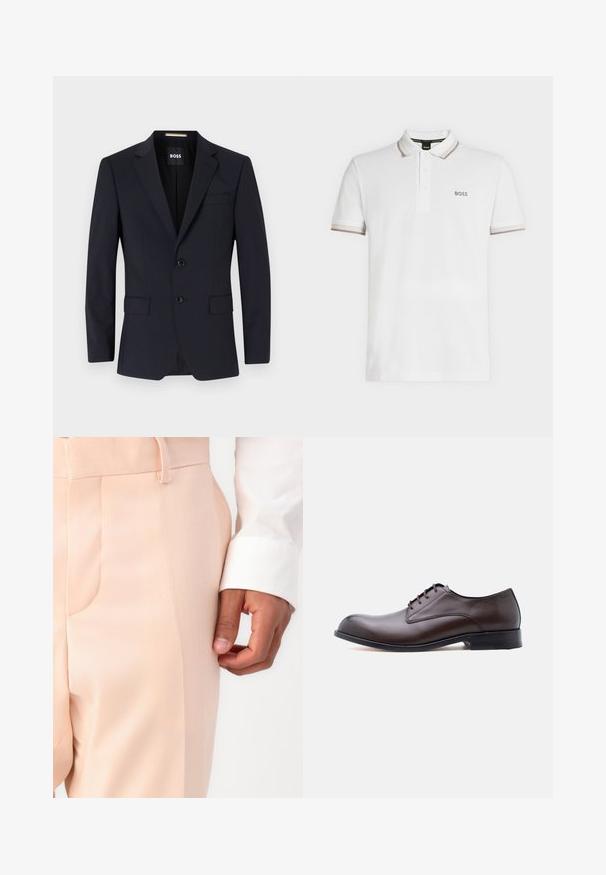 Blazer azul marino confeccionado a medida con solapas muesca, cierre de dos botones, bolsillos frontales y un bolsillo en el pecho. Tela suave, ajuste estructurado.; Polo blanco de manga corta con cuello y mangas con ribete beige, tapeta con tres botones y pequeño logo "BOSS" en el pecho.; Pantalones de corte ajustado en rosa pálido con una textura suave, que cuentan con un bolsillo lateral y un lazo para cinturón, combinados con un puño de camisa blanca.; Zapato de vestir masculino de cuero marrón con suela negra, cierre de cordones y sutil logo de marca en relieve en el talón sobre fondo blanco.