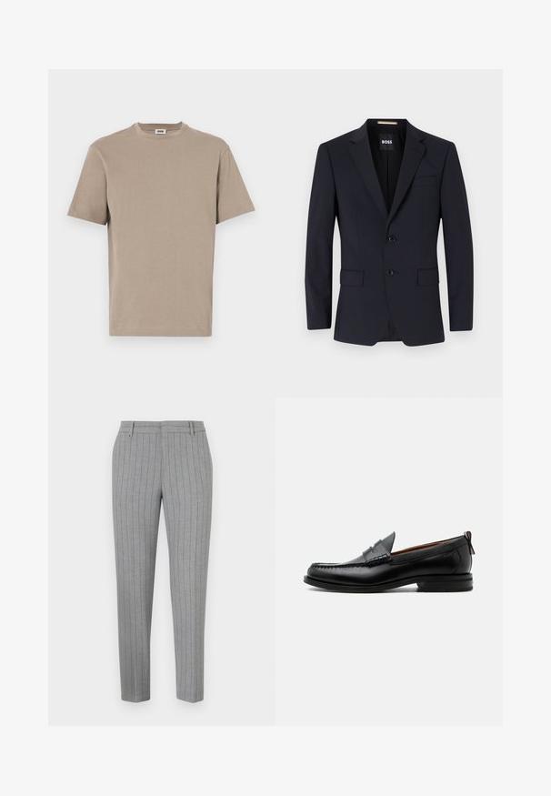 Marineblå skræddersyet blazer med klippede slag, to-knap lukning, forlommer og en enkelt brystlomme. Glat stof, struktureret pasform.; Beige bomulds t-shirt med rund hals, korte ærmer og lige kant. Glat tekstur, minimalistisk design, ingen synlige grafik eller accenter.; Grå bukser med tynde striber, skræddersyet pasform, flad front og sidelommer. Fremstillet af et glat stof med en subtil glans.; Sort læder herre loafer med moc-tå syning, penny strop, struktureret krave og lav stablet hæl på hvid baggrund.