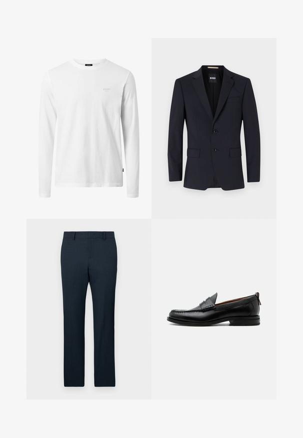Marineblauwe blazer met opgestikte kraag, twee knopen, voorzakken en een enkele borstzak. Gladde stof, gestructureerde pasvorm.; Witte lange mouwen t-shirt van katoen, met een ronde hals, zachte textuur en een subtiele logo op de borst. Eenvoudig, klassiek ontwerp.; Marineblauwe gepaste broek van een gestructureerde stof, met een recht model en voorplooien. Bevat riemlussen en een gladde tailleband.; Zwarte leren herensloffen met moc toe stiksel, pennyriem, gestructureerde kraag en lage gestapelde hak op witte achtergrond.