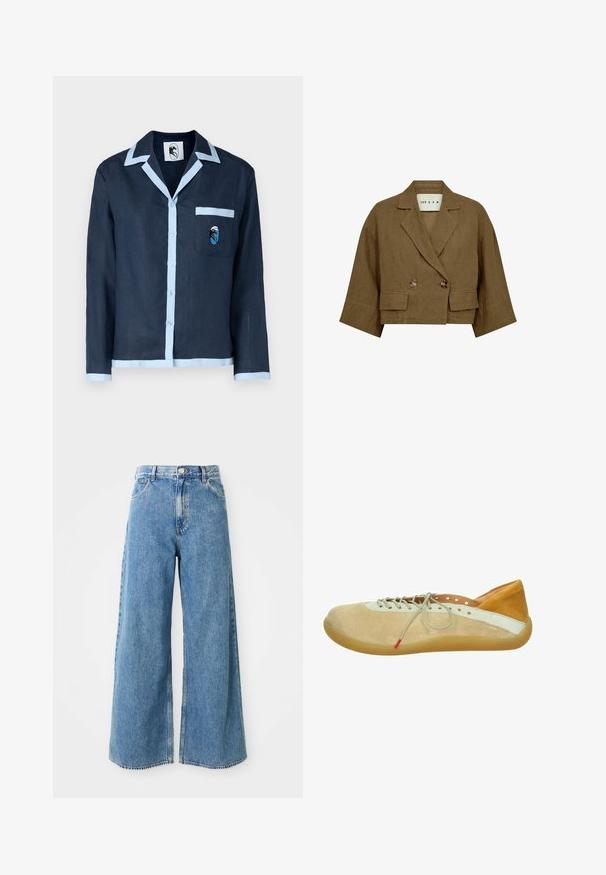 Bruine cropped blazer met brede mouwen, ingesneden revers, twee voor knopen en klepzakken gemaakt van gestructureerde stof.; Marineblauwe linnen shirt met lichtblauwe kraag en zakafwerking. Beschikt over een borstzak met een geborduurd ontwerp. Knopen aan de voorkant.; Hoge taille lichtblauwe wijde spijkerbroek met knoop aan de voorkant, ritsluiting en voorzakken op een witte achtergrond.; Casual beige en mosterdsuède veterschoen met witte accenten en een flexibele rubberen zool, zijaanzicht op een witte achtergrond.