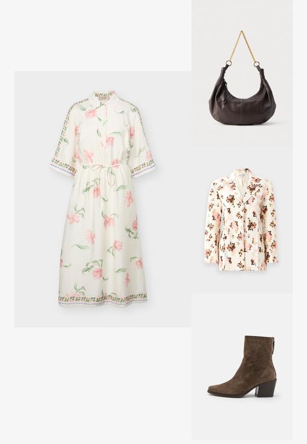Blazer floral en tissu crème avec des motifs vibrants de rose, noir et orange. Doté d'un col cranté et d'une coupe ajustée avec des manches longues.; Robe midi blanche à imprimé floral rose, manches trois quarts, col boutonné, ceinture à la taille et bordure décorative sur les manches et l'ourlet.; Bottes à chevilles en suede marron avec un bout pointu, une fermeture éclair sur le côté et un talon épais. Présente une texture lisse et des détails de couture minimalistes.; Sac à bandoulière en cuir marron foncé doux avec des extrémités nouées et une courte chaîne dorée, sur un fond clair uni.