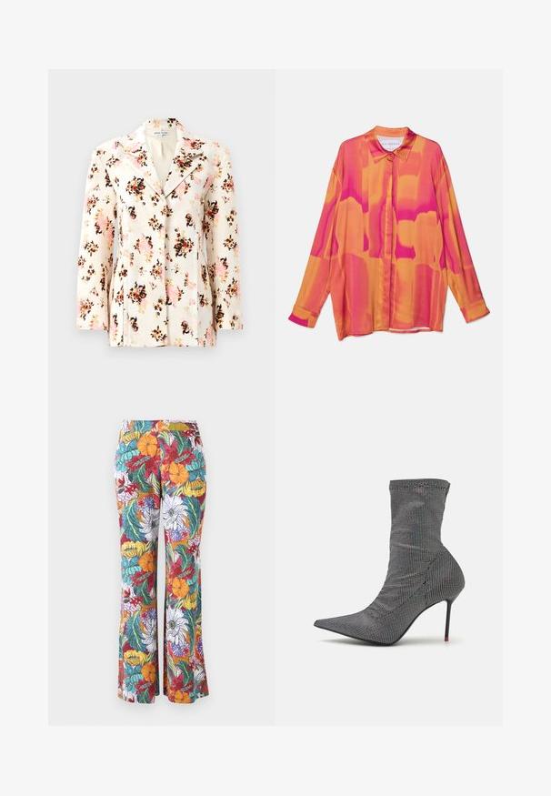 Blazer floral en tissu crème avec des motifs vibrants de rose, noir et orange. Doté d'un col cranté et d'une coupe ajustée avec des manches longues.; Chemise à manches longues dans des teintes vives de rose et d'orange, avec un devant à boutons, un col classique et un tissu léger et fluide.; Pantalon évasé avec un motif floral multicolore, présentant des fleurs orange, violet et teal ainsi que des feuilles vertes sur un fond blanc.; Pinko WAGNER TRONCHETTO - Bottines à talons hauts - nero/iridescente