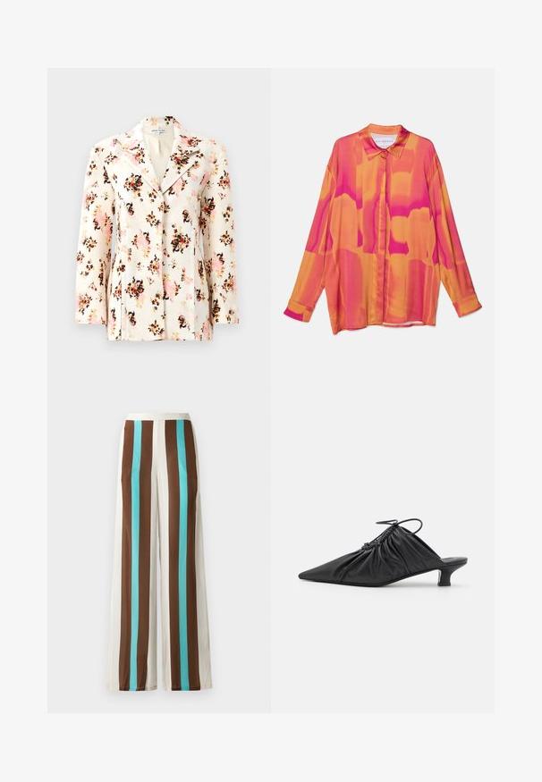 Blazer floral en tejido crema con patrones vibrantes en rosa, negro y naranja. Presenta un cuello con muesca y un ajuste entallado con mangas largas.; Camisa de manga larga en vibrantes tonos de rosa y naranja, con un cierre de botones en la parte delantera, un collar clásico y una tela fluida y ligera.; Pantalones de pierna ancha con rayas verticales en marrón, crema y turquesa. Hechos de una tela ligera con una textura suave y cinturilla elástica.; Mules negros de cuero sin hebillas con punta afilada, textura recogida y un pequeño tacón de gato. Presentan un detalle de cordón en la abertura.