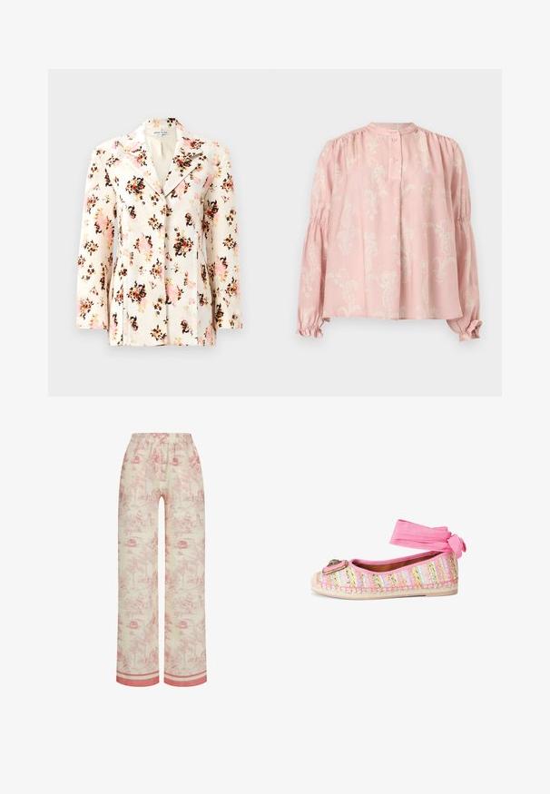 Bloemige blazer in crème stof met levendige roze, zwarte en oranje patronen. Voorzien van een geknipt kraag en een getailleerde pasvorm met lange mouwen.; Lichtroze blouse met lange mouwen en een subtiel wit bloemig paisley patroon, knoopsluiting bij de kraag, geplooide schouders en gerimpelde elastische manchetten.; Katoenen pyjamabroek met een licht beige achtergrond en een rood toilepatroon dat pastorale taferelen uitbeeldt. Elastische tailleband en contrasterende zoom.; Plat espadrille-schoen met meerkleurige geweven stof, een roze enkellint en een decoratieve roze gesp op de neus.