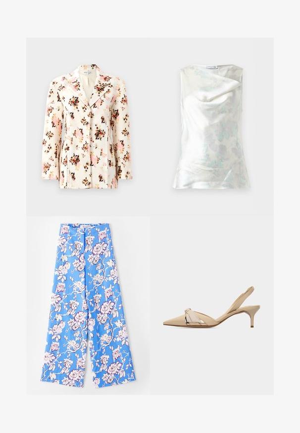 Blazer floral en tejido crema con patrones vibrantes en rosa, negro y naranja. Presenta un cuello con muesca y un ajuste entallado con mangas largas.; Blusa blanca sin mangas de satén con sutil patrón floral en azul grisáceo y escote drapeado, etiquetada como "Tiger of Sweden."; Pantalones florales azules con un patrón de rosas en tonos pastel. La tela es suave, con un corte relajado, piernas anchas y una cinturilla elástica.; Zapato slingback beige de punta estrecha con detalle de nudo decorativo en la parte superior y un tacón bajo y delgado tipo kitten heel.