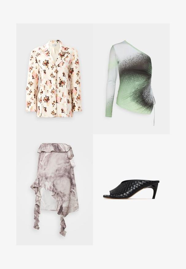 Blomsterblazer i cremefarvet stof med livlige mønstre i pink, sort og orange. Har en klassisk krave og skræddersyet pasform med lange ærmer.; Elleme ONE SHOULDER - Langærmet T-shirt - light green/white; ROKH MIDI SKIRT RUFFLES - A-snit nederdel - purple; Sorte vævede mule-sandaler med åben tå og en slank, buet hæl. Materialet har en blank finish og viser et tekstureret, ternet mønster.
