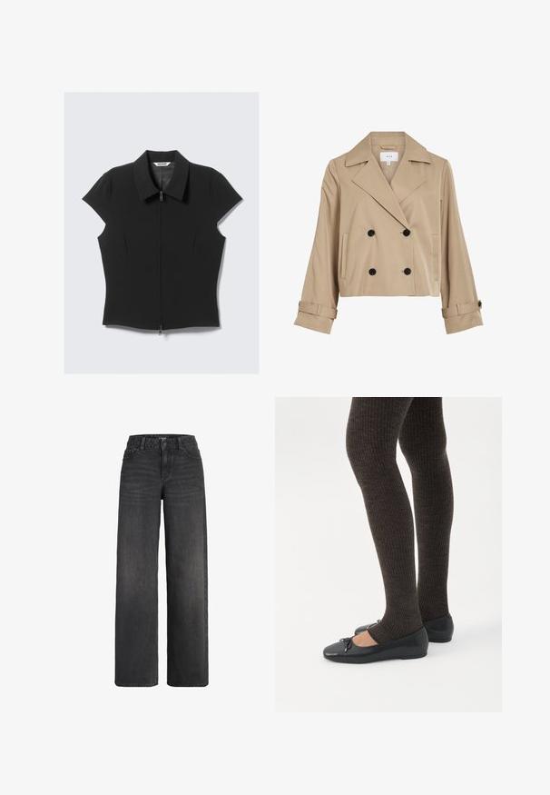 Veste beige courte croisée avec larges revers, boutons noirs, poches avant et sangles ajustables boutonnées aux manches.; Blouse noire ajustée à manches courtes avec col pointu et fermeture éclair frontale, étiquetée "Weekday", présentée sur un fond clair.; Jeans en denim noir à jambes larges avec bouton et fermeture éclair à l'avant, passants pour ceinture et poches avant sur fond blanc.; Jambes portant des leggings côtelés foncés associés à des ballerines noires avec de petits détails en nœud sur fond blanc.