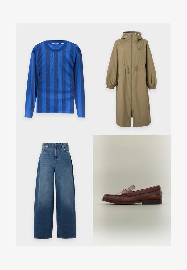 Long manteau à capuche kaki avec fermeture éclair devant, cordons réglables à la taille, poignets élastiques et détail en anneau métallique sur la poche poitrine.; Chemise à manches longues bleu avec des rayures verticales alternant entre foncé et clair, fabriquée en tissu en maille respirant.; Jeans évasés en denim bleu foncé. Caractéristiques : taille haute, cinq poches et fermeture par bouton supérieur. Texture légèrement délavée sur l'ensemble.; Mocassin pour homme en cuir marron avec semelle noire et détail de bride décorative, présenté en profil latéral sur un fond neutre.