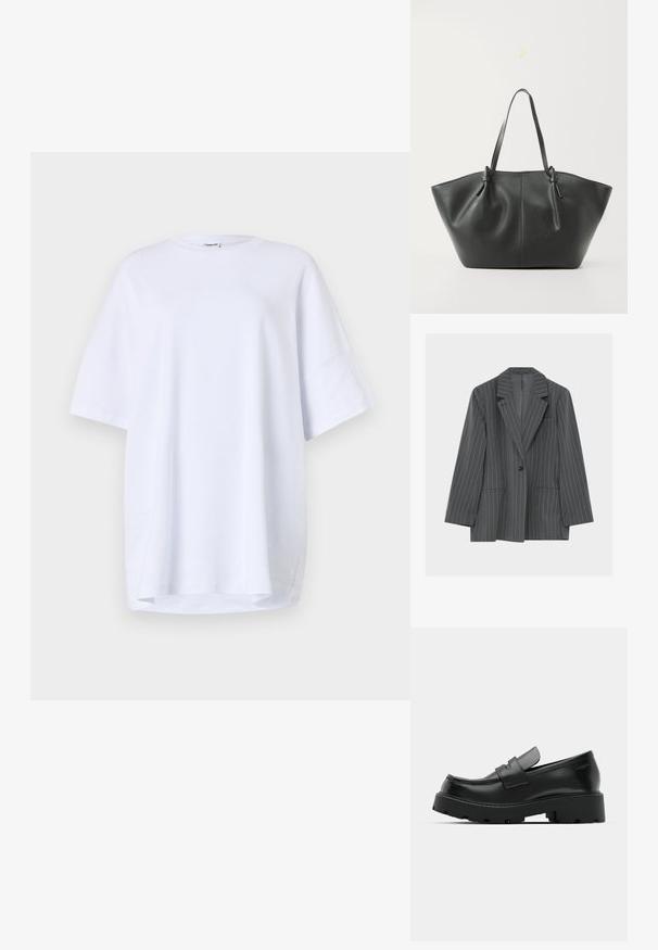 Dunkelgrauer Nadelstreifen-Blazer mit Kerbkragen, einem schwarzen Knopf, zwei Vordertaschen und einer Brusttasche, dargestellt vor weißem Hintergrund.; Oversized, kurzärmliges weißes T-Shirt aus Baumwolle. Runder Halsausschnitt, Seitenschlitze am Saum und glatte Textur ohne sichtbare Muster oder Akzente.; Schwarze Leder-Loafers mit einer chunky strukturierten Sohle, ausgestattet mit einem Riemen über dem Spann und einer glatten, polierten Oberfläche.; Vero Moda VMDITTA - Shopping Bag - black