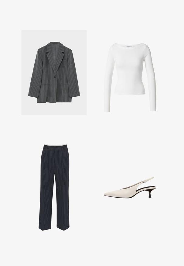 Blazer gris foncé à fines rayures, avec revers crantés, un bouton noir unique, deux poches avant et une poche poitrine, présenté sur un fond blanc.; Haut blanc à manches longues côtelé avec un col bateau et une silhouette ajustée, présenté sur un fond blanc uni.; Pantalons bleu marine avec des rayures verticales blanches, design à jambes larges, tissu lisse, passants de ceinture et pli sur le devant pour un look ajusté.; Chaussure slingback en cuir blanc à bout pointu avec petit talon et bride de cheville ajustable avec boucle argentée.
