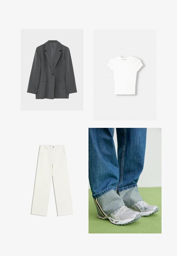 Dunkelgrauer Nadelstreifen-Blazer mit Kerbkragen, einem schwarzen Knopf, zwei Vordertaschen und einer Brusttasche, dargestellt vor weißem Hintergrund.; Weißes kurzärmliges T-Shirt aus weicher Baumwolle, mit Rundhalsausschnitt und figurbetonter Form. Keine sichtbaren Muster oder Verzierungen.; Weiße Jeans mit hohem Bund und geradem Bein, mit Vordertaschen und Knopfverschluss auf weißem Hintergrund.; Graue Turnschuhe aus Mesh-Material mit weißen Akzenten, kombiniert mit blauen Jeans, die an den Knöcheln umgeschlagen sind.