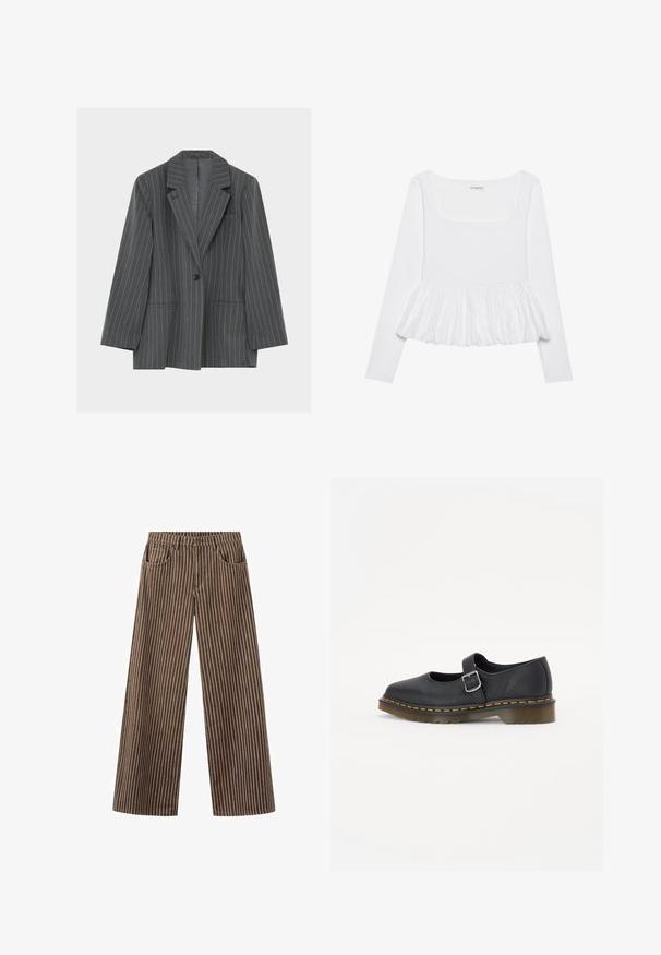 Blazer gris foncé à fines rayures, avec revers crantés, un bouton noir unique, deux poches avant et une poche poitrine, présenté sur un fond blanc.; Haut blanc à manches longues avec un décolleté carré, doté d'un ourlet peplum froncé en tissu texturé. Étiquettes visibles au niveau du cou.; Pantalon marron à jambes larges avec des fines rayures verticales blanches, poches avant, passants pour ceinture et fermeture par bouton à la taille.; Chaussures Mary Jane en cuir noir avec un bout rond, boucle ajustable, coutures jaunes et une semelle en caoutchouc brun épaisse.