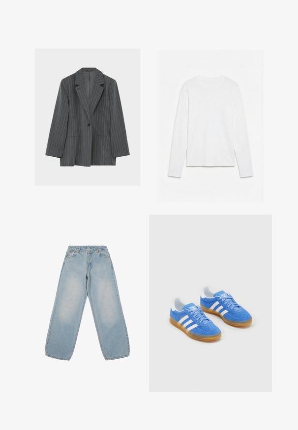Mørkegrå blazer med nålestriber, hak revers, enkelt sort knap, to forlommer og en brystlomme, vist på en hvid baggrund.; Helt hvid langærmet t-shirt med rund hals lagt fladt på en hvid overflade, der viser fronten og hele ærmelængden.; Lys blå denim jeans med et løst, lige ben-design. Funktioner inkluderer en knaplukning, fem lommer og en subtil falmning over det hele.; Blå ruskinds sportsko med hvide stribede detaljer, gummisål og polstret krave for komfort. Har klassisk snørebåndsdesign.