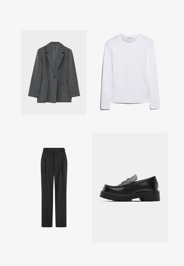 Donkergrijze blazer met krijtstreep, voorzien van inkeping revers, een enkele zwarte knoop, twee voorszakken en een borstzak, afgebeeld op een witte achtergrond.; Wit T-shirt met lange mouwen, gemaakt van ribgebreide katoen, met een ronde halslijn en een rechte zoom. Eenvoudig ontwerp zonder patronen of accenten.; Zwarte gestreepte broek met een hoge taille, geplooide voorkant en een recht, slim-fit ontwerp. De stof lijkt gestructureerd en is op maat gemaakt voor een formele uitstraling.; Zwarte leren instappers met een chunky, gestructureerde zool, voorzien van een band over de voet en een gladde, gepolijste afwerking.
