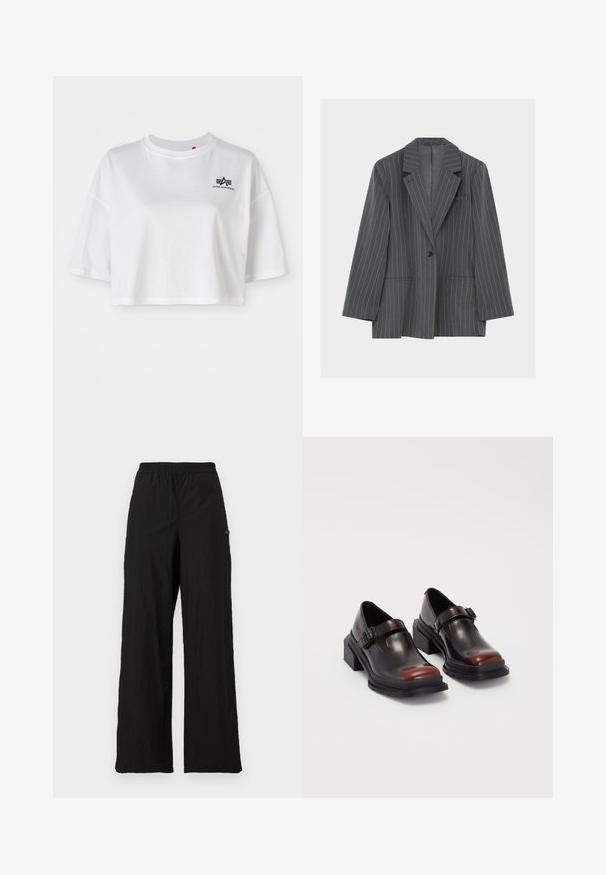 Blazer gris foncé à fines rayures, avec revers crantés, un bouton noir unique, deux poches avant et une poche poitrine, présenté sur un fond blanc.; T-shirt blanc court en coton, avec un col rond, des manches courtes et un accent de logo noir sur la poitrine gauche.; Pantalons larges noirs avec une taille élastique, fabriqués en tissu léger, présentant une texture subtile et un accent logo sur le côté.; Chaussures à talons carrés en cuir avec une finition bordeaux foncé brillante, dotées d'une sangle avec boucle et d'un design à bout arrondi. Semelle texturée pour une meilleure adhérence.