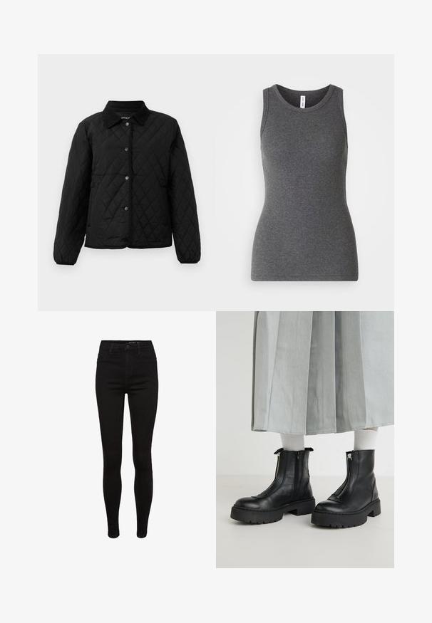 Zwarte gewatteerde jas met een kraag, drukknoopsluiting en elastische boorden. Het materiaal heeft een gladde textuur met een geometrisch ruitpatroon.; Grijze mouwloze tanktop van ribmateriaal; heeft een ronde halslijn en een getailleerd ontwerp. Geen patronen of extra accenten.; Zwarte denim skinny jeans met een hoge taille, vijf-pocket ontwerp, riemlussen en subtiele stikdetails. Glad textuur, figuurvormende pasvorm.; Zwarte leren enkellaarsjes met een dikke zool, voorzien van een rits aan de voorkant en gestikte details. Vergezeld van witte geribbelde sokken en een lichte rok.