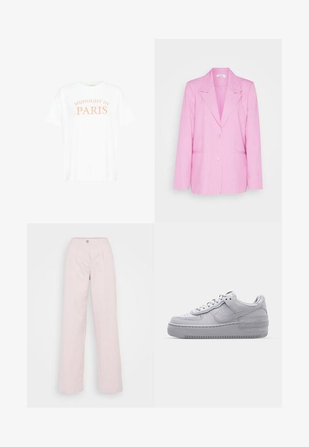 mbyM ADISON - Blazer - violet melange; T-shirt blanc en coton à manches courtes, arborant le texte "MIDNIGHT IN PARIS" en couleur pêche, centré dans un design courbé.; Pantalons larges en coton rose doux, dotés d'une fermeture à bouton sur le devant, d'un design plissé et d'une silhouette décontractée.; Basket en cuir lisse gris Nike Air Force 1 avec un bout perforé, une semelle épaisse et un détail 'AIR' en relief sur le talon.