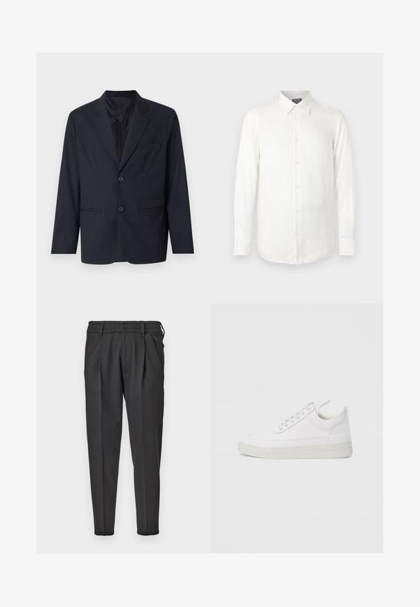 Blazer azul marino en una tela suave con diseño de un solo botón, dos botones, solapas con muesca y un bolsillo en el pecho.; Camisa blanca de manga larga con rayas verticales, cuello abotonado y cierre frontal de botones. Tela suave con textura lisa.; Pantalones negros de tela suave, con un frente plisado, cinturilla elástica y piernas rectas con un fondo cónico.; Zapatilla blanca de cuero con punta redondeada, suela plana y cierre de cordones. Presenta detalles de costuras y un cuello acolchado para mayor comodidad.