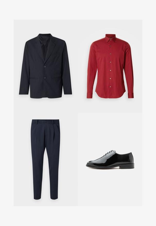 Marineblå blazer i et glat stof med en enkeltknaps design, to knapper, slaglapeller og en brystlomme.; Rød langærmet skjorte med knappet krave, frontplacket med sølvknapper og et glat, let stof.; Marinebukser lavet af glat stof, med pile, lynlås- og knaplukning, sidelommer og en tætsiddende ben-design.; Sort blank læderpumps med lukket snøring, lav hæl og glat rundet tå, vist fra ydersiden på en ensfarvet baggrund.