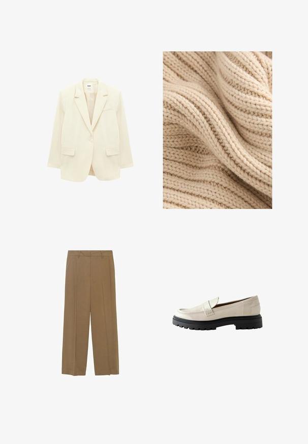 Blazer crème à un bouton avec revers crantés, deux poches avant à rabat et une poche poitrine passepoilée, présenté sur fond blanc.; Tissu beige tricoté avec nervures texturées, présentant une épaisseur variable et une apparence douce et duveteuse. Les fils sont étroitement tissés.; Pantalons larges en tissu léger de couleur marron uni, avec plis avant et une taille ajustée.; Mocassins en cuir verni beige avec un bout arrondi, une semelle en caoutchouc noire épaisse et un accent cousu sur le devant.