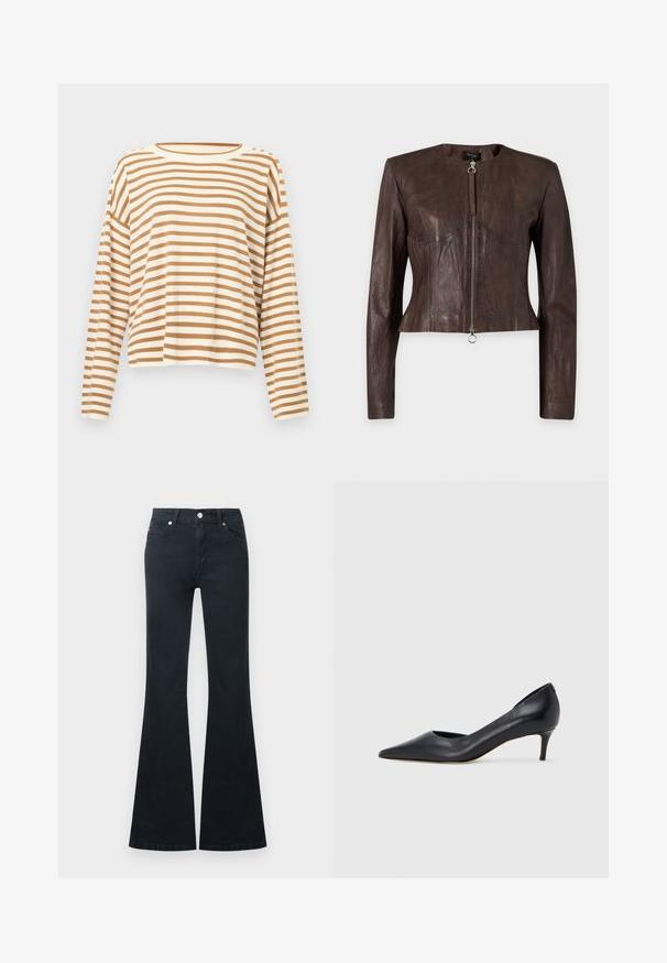 Veste en cuir marron à manches longues, taille ajustée, encolure ronde et fermeture éclair avant avec tirette anneau sur fond uni.; Pull à manches longues beige et blanc à rayures horizontales, avec un col rond et une coupe décontractée.; Jean en denim noir évasé avec une taille haute, cinq poches et une fermeture à bouton métallique. Texture lisse et détails de couture contrastés.; Escarpin en cuir noir avec un bout pointu et un talon bas. Présente une texture lisse et un éclat subtil. Découpe ouverte à l'avant pour un détail supplémentaire.