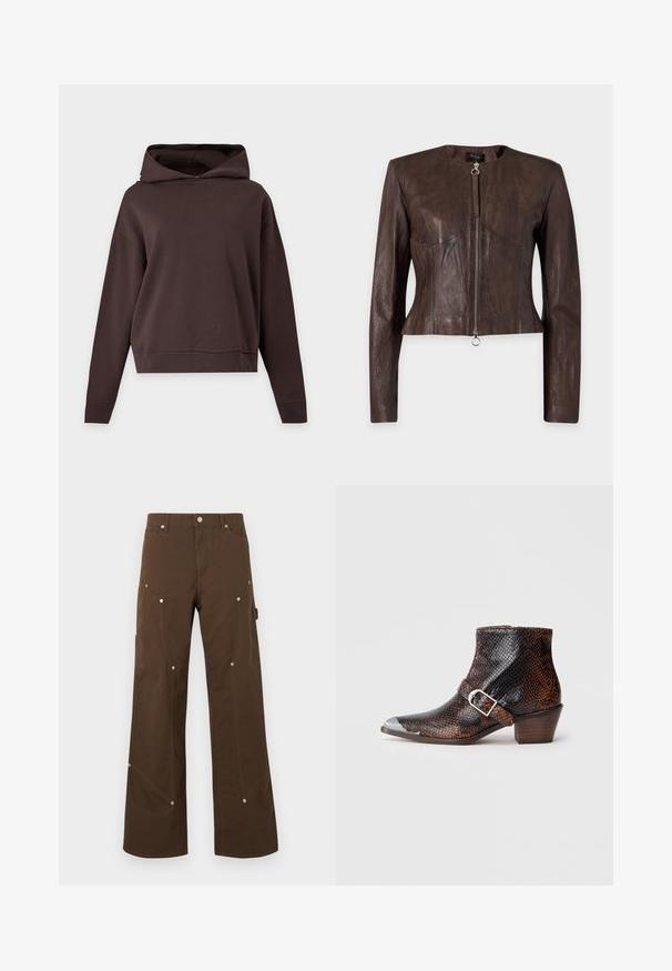 Veste en cuir marron à manches longues, taille ajustée, encolure ronde et fermeture éclair avant avec tirette anneau sur fond uni.; Sweat à capuche uni brun foncé, à manches longues, coupe ample, sans motifs ni logos visibles, présenté sur un fond gris clair.; Pantalon droit marron avec poches avant et latérales, rivets argentés, passants de ceinture et fermeture par bouton sur fond blanc.; Bottines à imprimé serpent noir et brun avec un embout en métal argenté, accent de boucle et un petit talon en bois. Texture lisse, design ajusté.