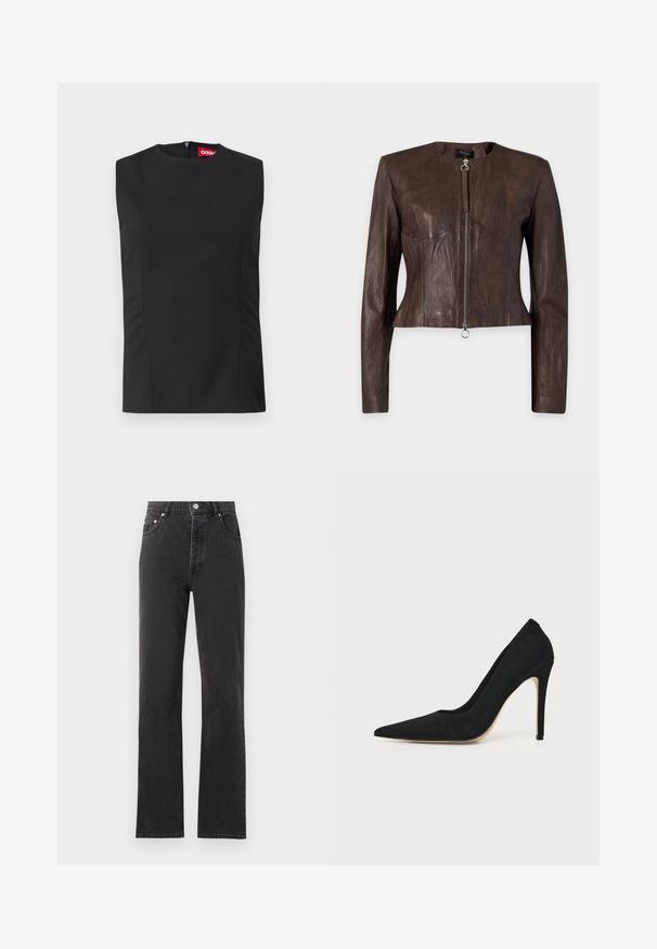 Veste en cuir marron à manches longues, taille ajustée, encolure ronde et fermeture éclair avant avec tirette anneau sur fond uni.; Top noir sans manches avec un col haut, des pinces sur le devant et une fermeture éclair invisible au dos. Fabriqué en tissu lisse avec une coupe structurée.; Jean noir taille haute à jambes droites, fermeture devant par bouton et zip, poches avant et arrière, présenté sur un fond clair uni.; Escarpin stiletto noir à talon haut avec bout pointu et texture lisse, présenté de profil sur un fond clair uni.
