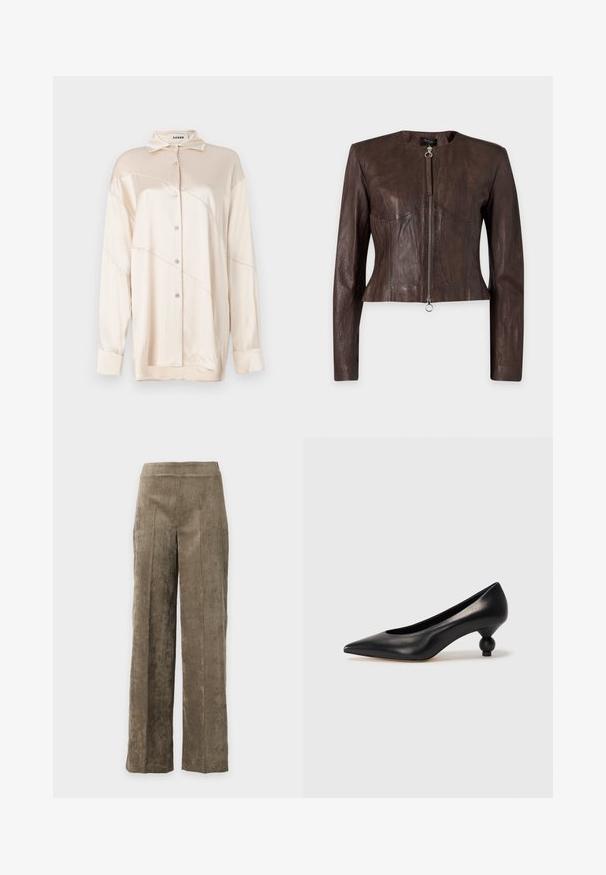 Braune Lederjacke mit langen Ärmeln, tailliertem Bund, rundem Ausschnitt und Frontreißverschluss mit Ringzug auf einfarbigem Hintergrund.; AERON ABIGAIL SHIRT - Hemdbluse - silver; Braune Cordhosen mit geradem Bein, hoher Taille und vertikal gerippter Textur auf einfarbigem Hintergrund.; Schwarze Leder-Pumps mit spitzem Zehenbereich und runder, ballförmiger Ferse. Glatte Textur mit einem eleganten, minimalistischen Design.