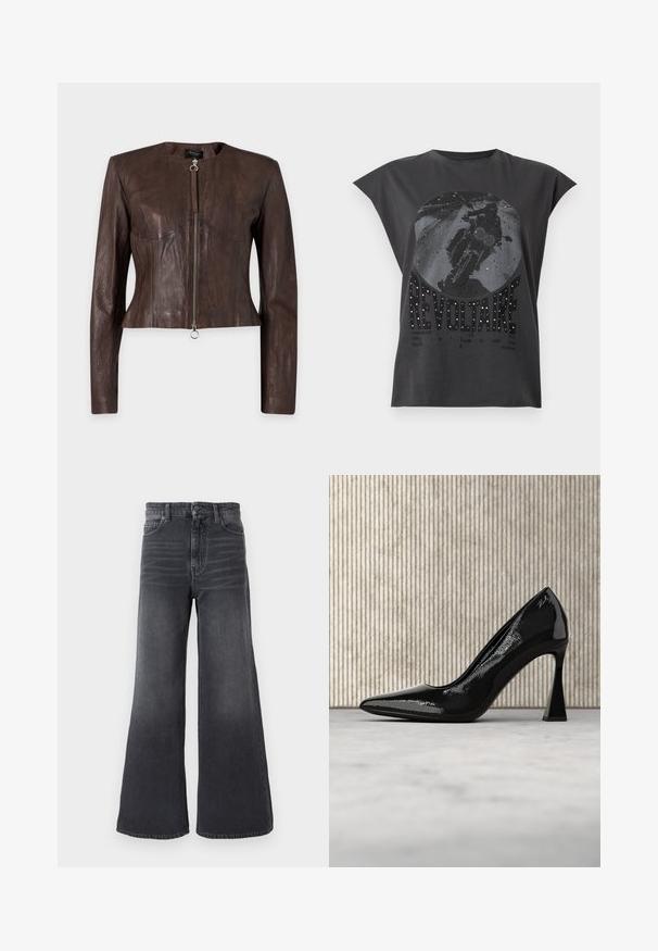Veste en cuir marron à manches longues, taille ajustée, encolure ronde et fermeture éclair avant avec tirette anneau sur fond uni.; Débardeur noir avec un graphique de moto et le mot "REVOLTAIRE" orné de petits clous brillants à l'avant.; Jean denim gris foncé à jambes larges avec taille mi-haute, design à cinq poches et texture délavée avec des détails subtils de plis.; Escarpin en cuir verni noir avec un bout pointu et un talon aiguille courbé et anguleux, suspendu au-dessus d'un sol lisse et de couleur claire.